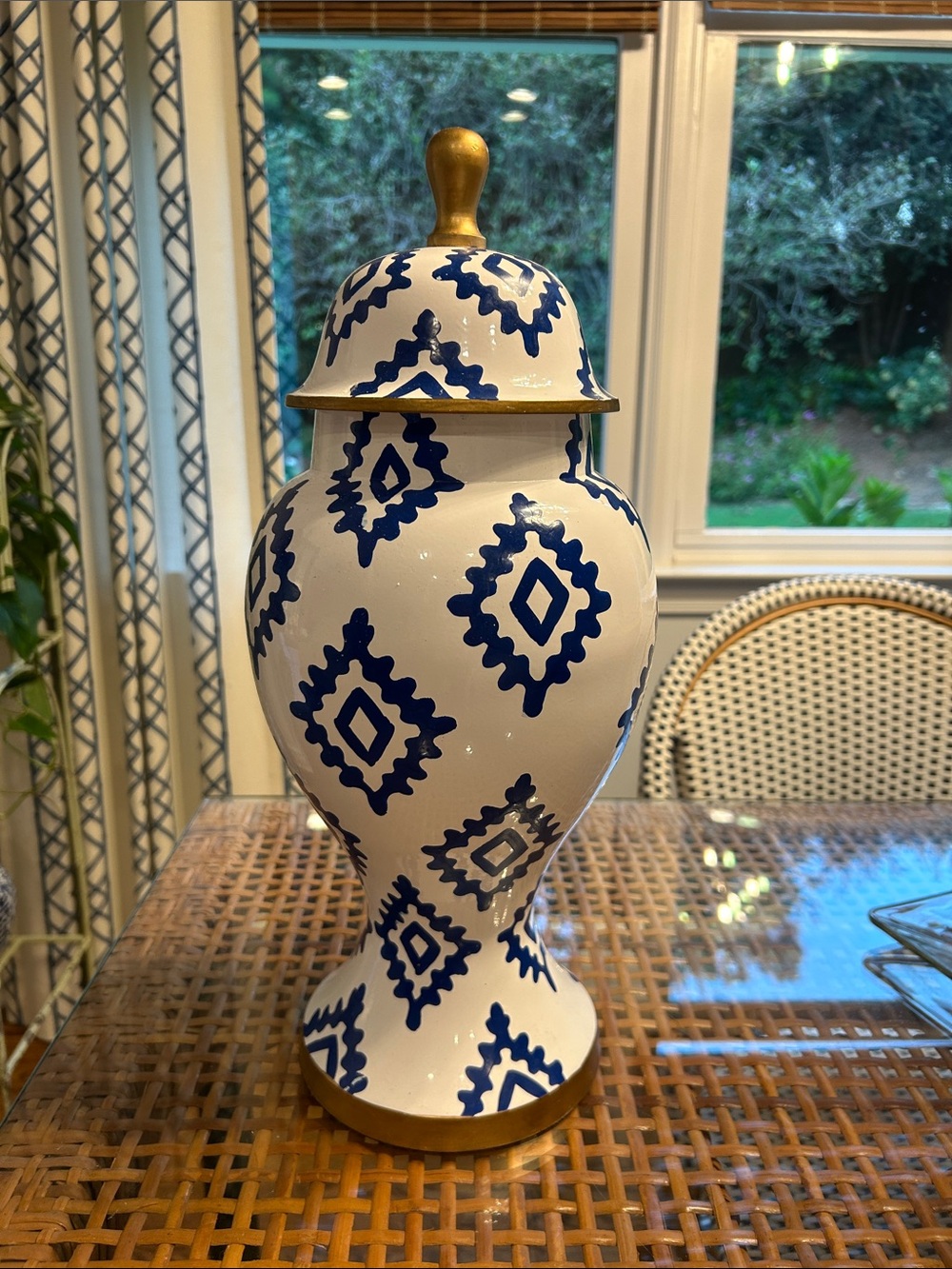 Blue and White Metal  Lidded Ginger Jar with Gold Trim